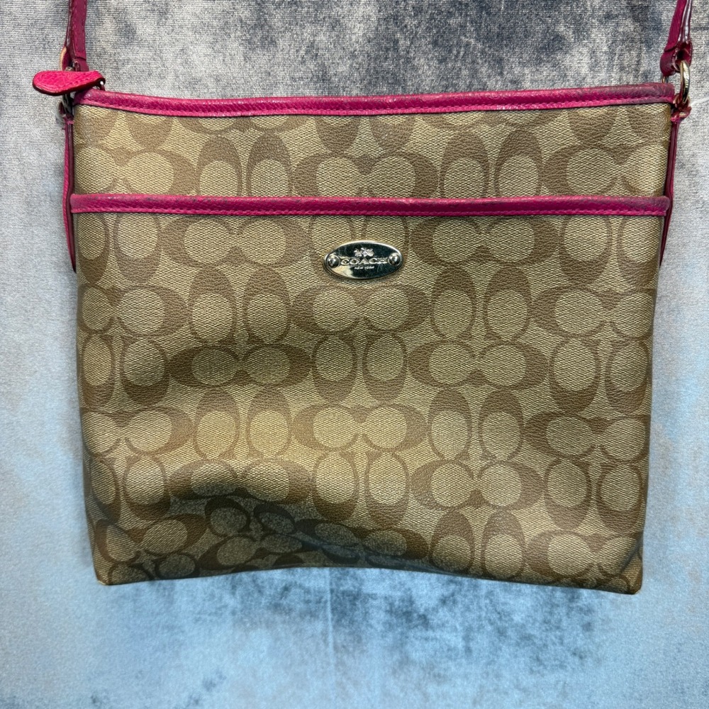 Coach Crossbody Bag Womens Brown Pink Signature File Purse Monogram Canvas 2808